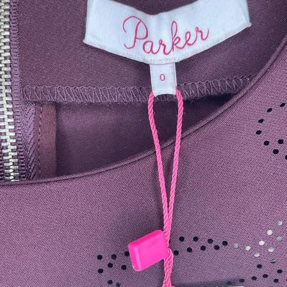 PARKER Orlando Laser Cut Bell Ruffle long Sleeve Dress Raisin Sheath Red 0 New - Picture 9 of 14